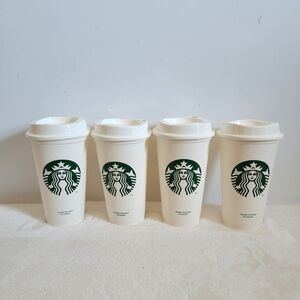 Starbucks 4 Pack Reusable Travel Cold Hot Creamy White Cups With Lids 16 Oz